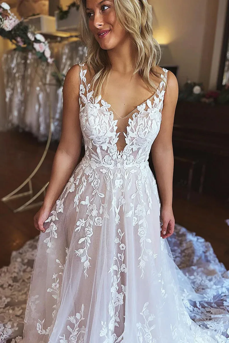 A-line Spaghetti Straps Applique Wedding Dress Backless Tulle Bridal Dress TN352