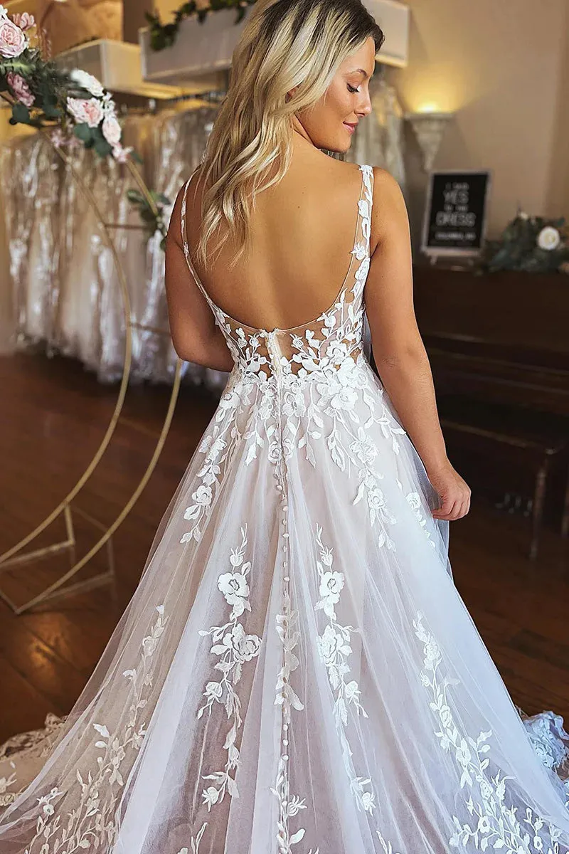 A-line Spaghetti Straps Applique Wedding Dress Backless Tulle Bridal Dress TN352