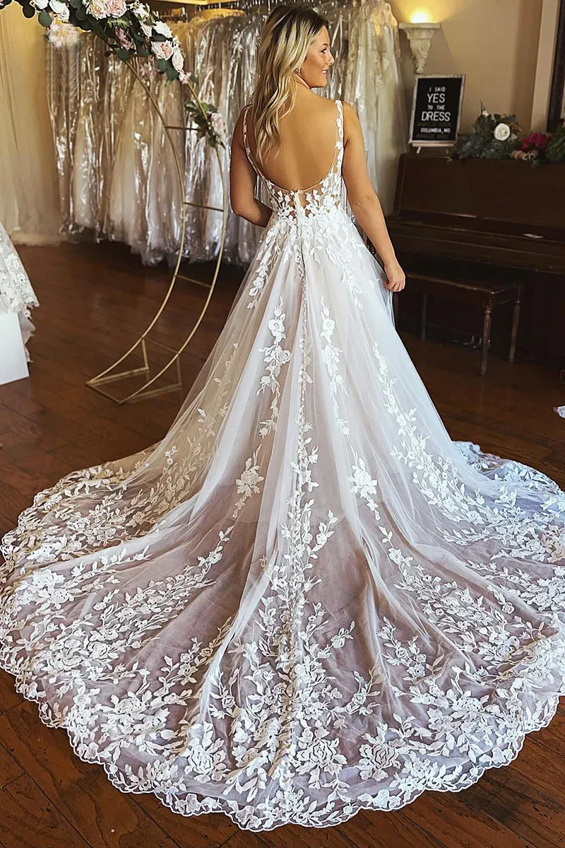A-line Spaghetti Straps Applique Wedding Dress Backless Tulle Bridal Dress TN352