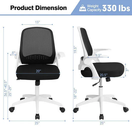 Adjustable Mesh Office Chair Rolling Computer Desk Chair with Flip-up Armrest-Wh