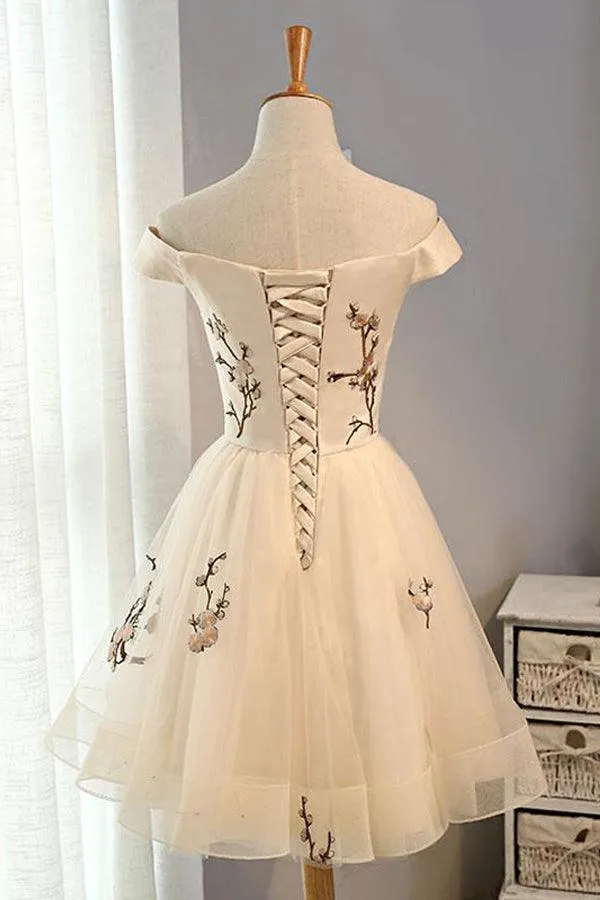 Champagne Embroidery Homecoming Dresses,Tulle Short Party Dresses HD0010