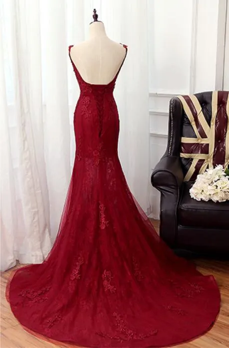 Charming Mermaid Lace Burgundy Prom Dress, Tulle Long Evening Dress