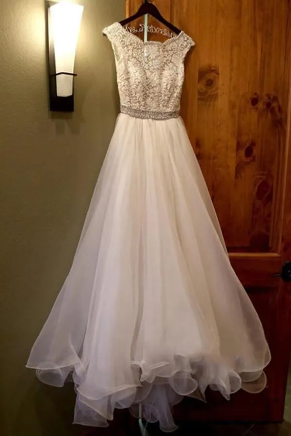 Jewel Neck A-line Beading Organza Long Wedding Dress WD090