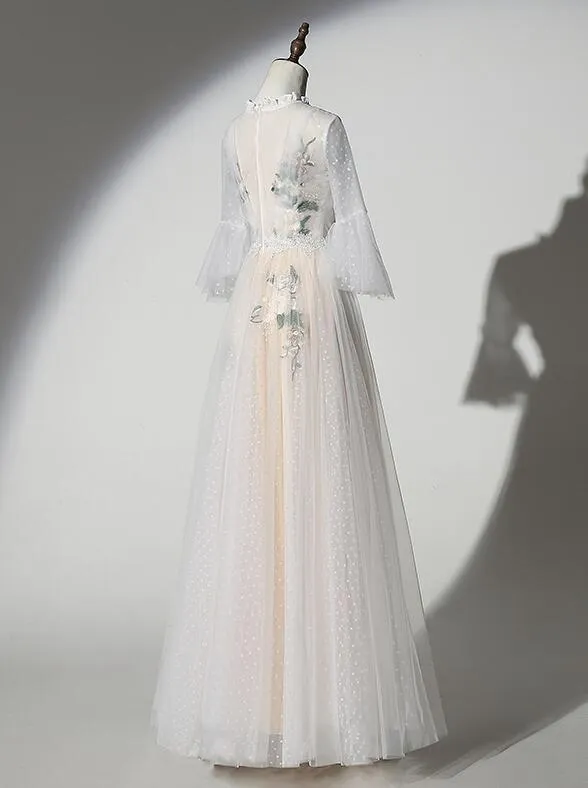 Lovely Tulle Champagne Long Party Dress with Lace Applique, Prom Gown