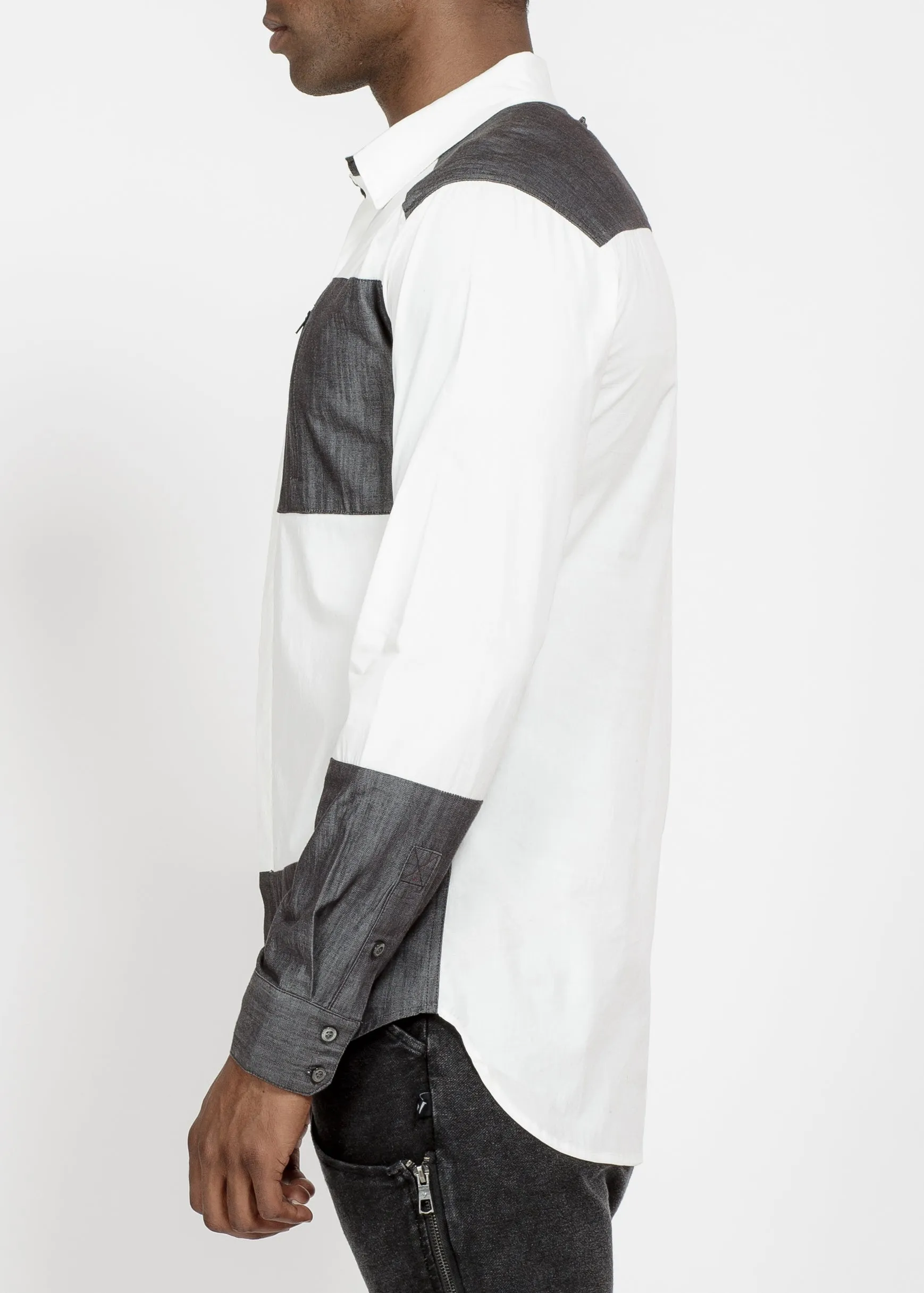 Men's Zip Pocket Button Up in White Grey