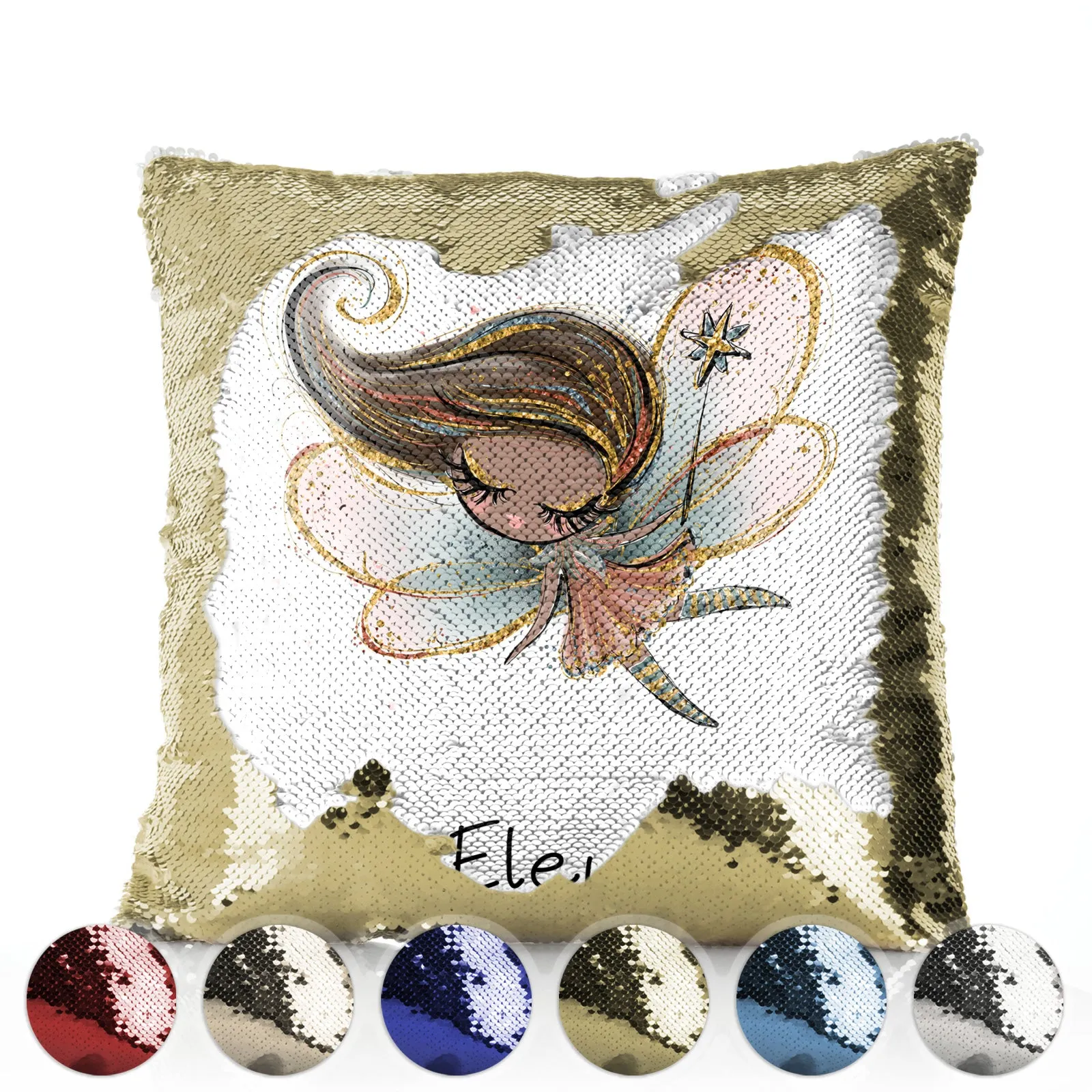 Personalised Sequin Cushion with Cute Text and Tree Stump Gold Wand Fairy