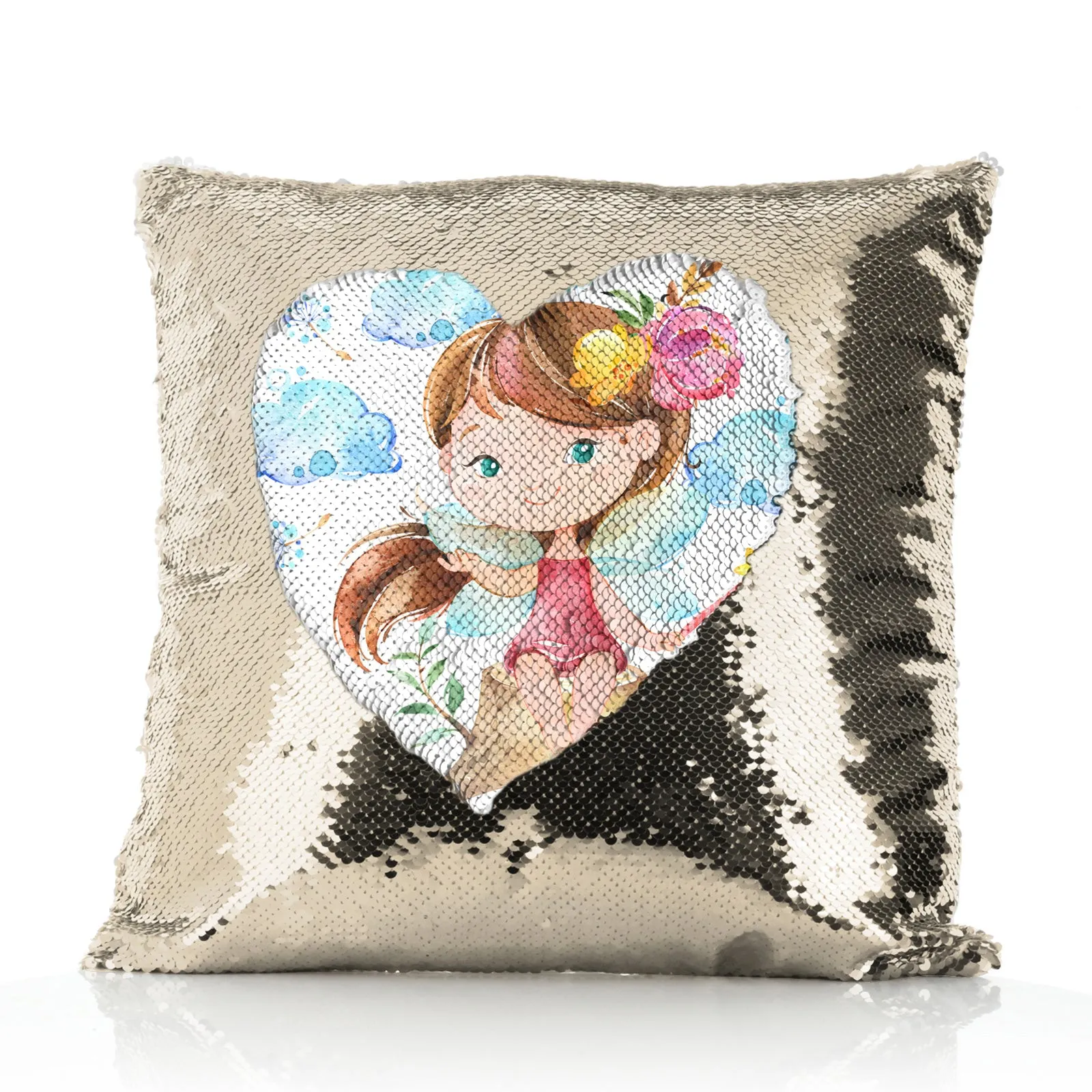 Personalised Sequin Cushion with Cute Text and Tree Stump Gold Wand Fairy