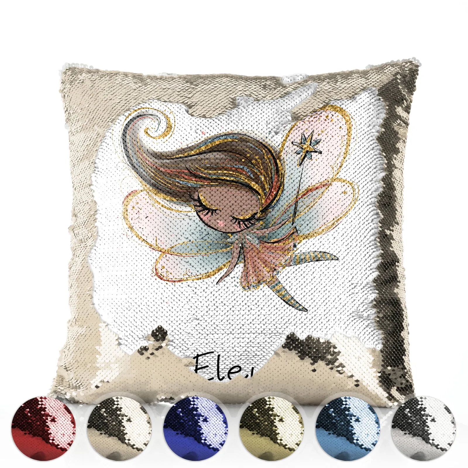 Personalised Sequin Cushion with Cute Text and Tree Stump Gold Wand Fairy