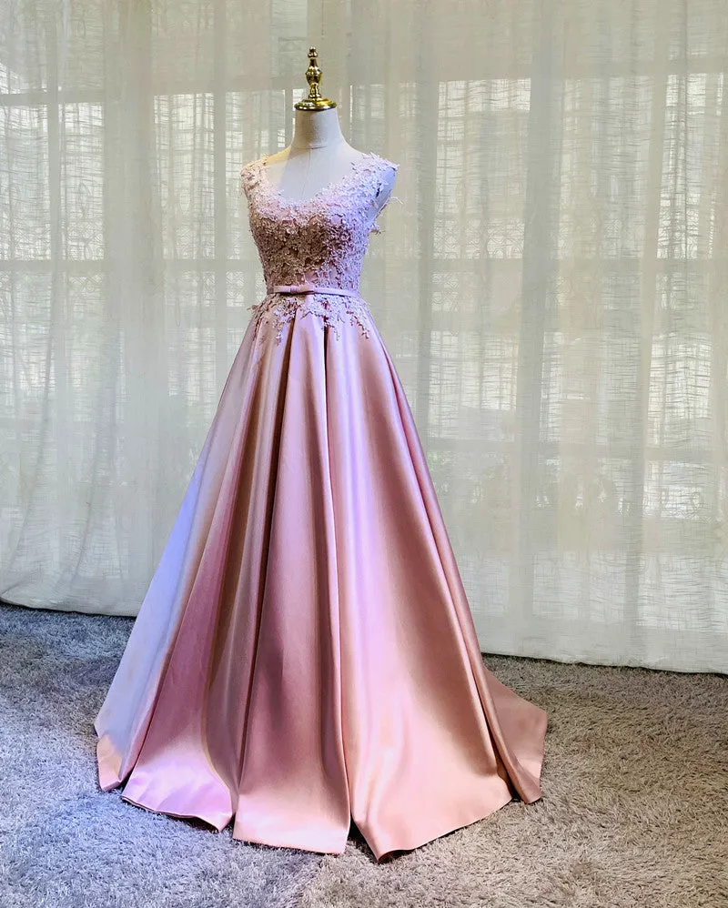 Pink Lace and Satin Floor Length Junior Prom Dress, Long Evening Dress Graduation Dress