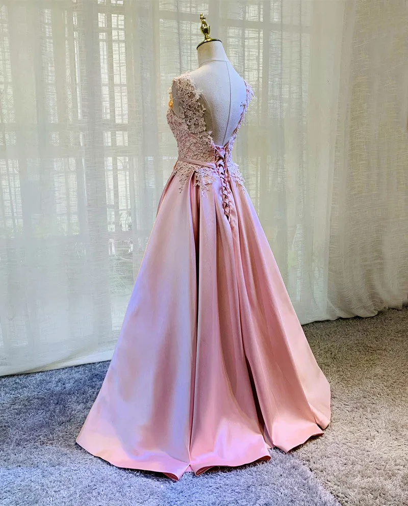 Pink Lace and Satin Floor Length Junior Prom Dress, Long Evening Dress Graduation Dress
