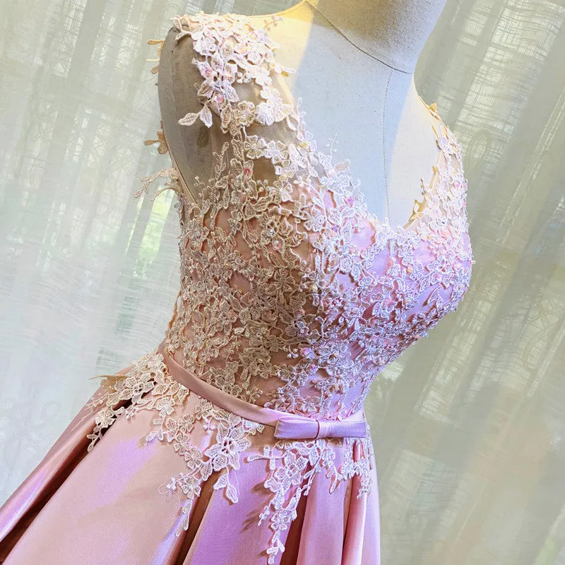 Pink Lace and Satin Floor Length Junior Prom Dress, Long Evening Dress Graduation Dress