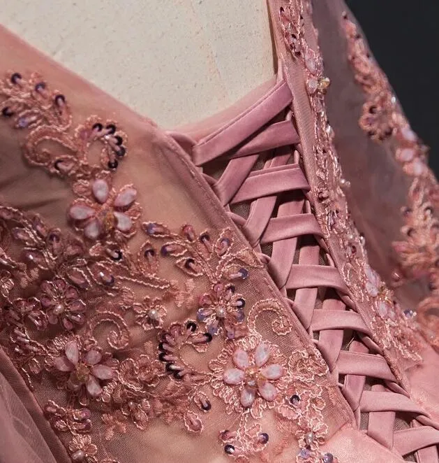 Pink Lace Applique Tulle  Floor-length A-line Prom Dresses, Long Sleeves Party Dress
