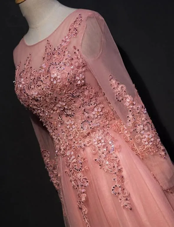 Pink Lace Applique Tulle  Floor-length A-line Prom Dresses, Long Sleeves Party Dress