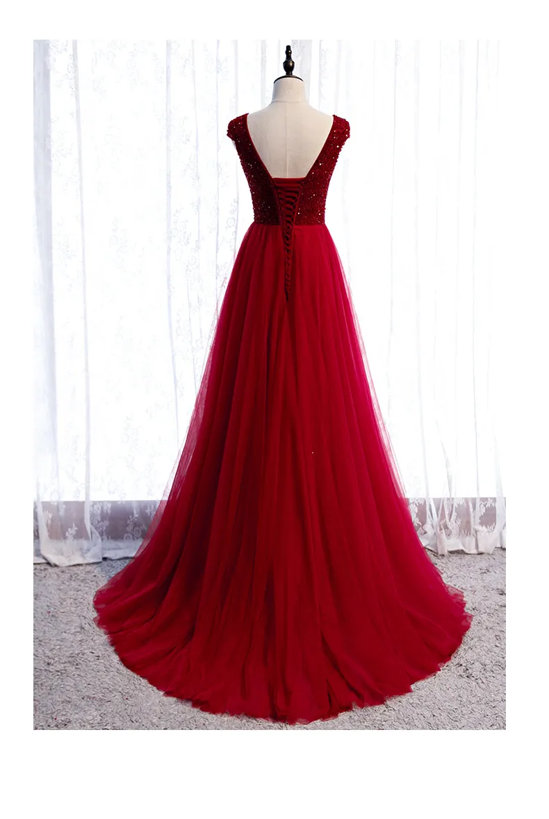 Red Tulle Cap Sleeves Long Party Dress, A-line Beaded Prom Dress