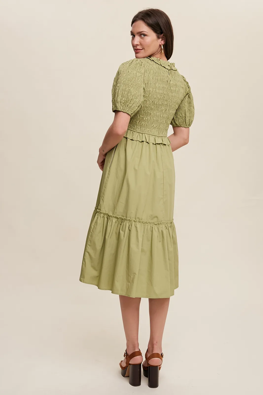 Smocked Puff Sleeve Poplin Dress 3 Colors