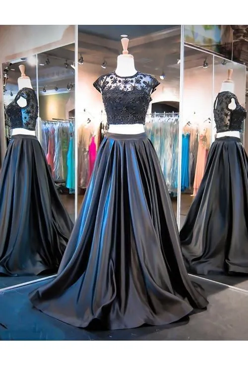 Two Piece A-line Black Cap Sleeve Prom Dresses Evening Dresses PG291