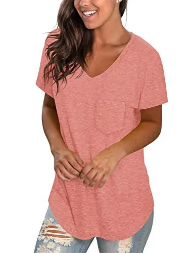 WEESO Womens T Shirts V Neck Tops Short Sleeve Ladies Summer Tunic Loose Fit Tee Coral XXL