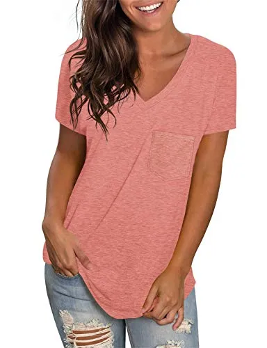WEESO Womens T Shirts V Neck Tops Short Sleeve Ladies Summer Tunic Loose Fit Tee Coral XXL